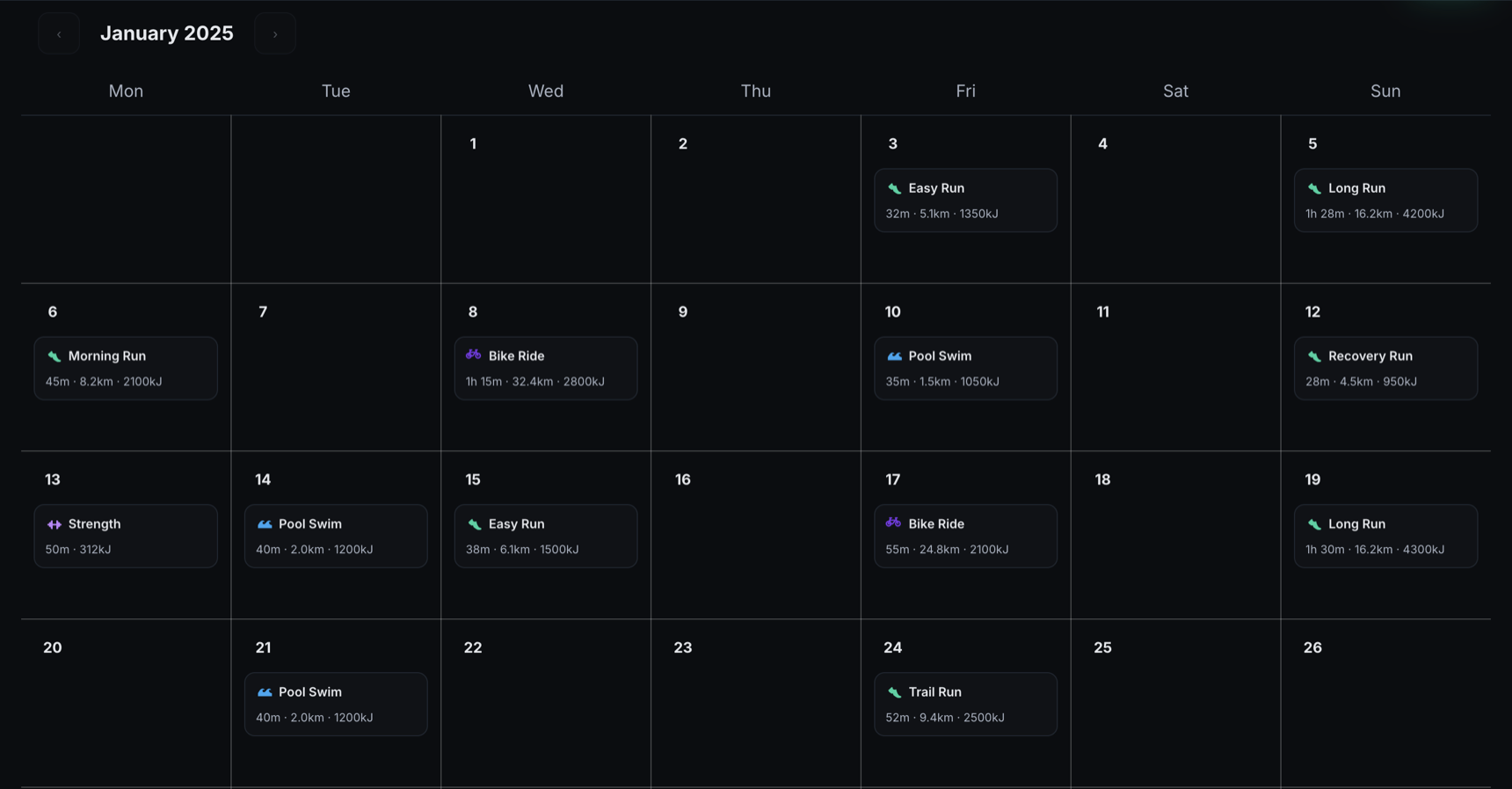 Calendar view showing a month of workouts